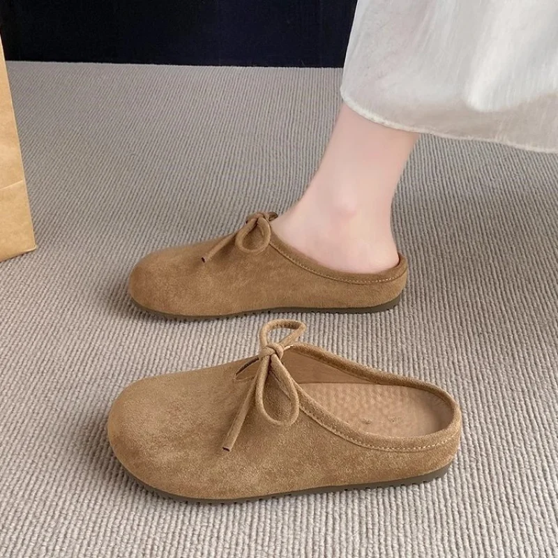 

2025Autumn New Cute Ugly Mori Style Bowknot Closed-Toe Casual Half Slippers Soft Sole Versatile Women's Shoes