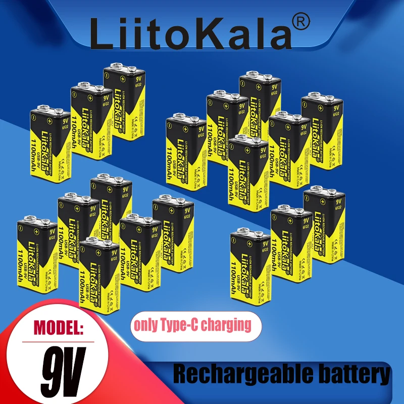 

24PCS LiitoKala Type-C USB 9V 1100mAh li-ion Rechargeable Battery 6F22 9V Li-ion Battery for RC Helicopter Model Microphone Toy