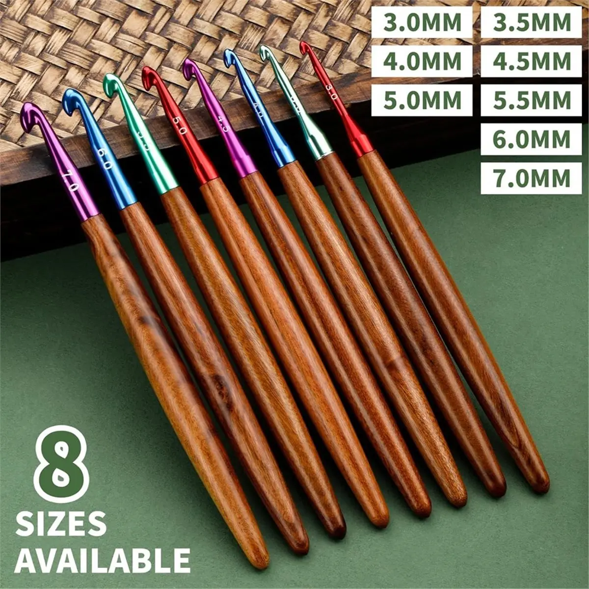 2026 New 8Pcs Ergonomic Wooden Handle Aluminum Crochet Hooks Set 3mm-7mm Crochet Needles