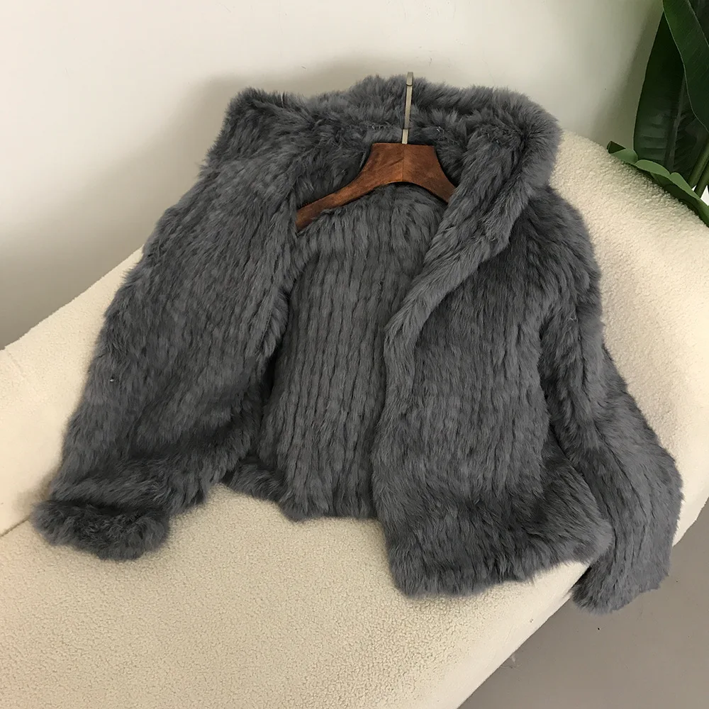 2024 Autumn and Winter New Encrypted Thickened Handmade Double-sided Woven Hooded Korean Style Short Rabbit Fur Coat for Women