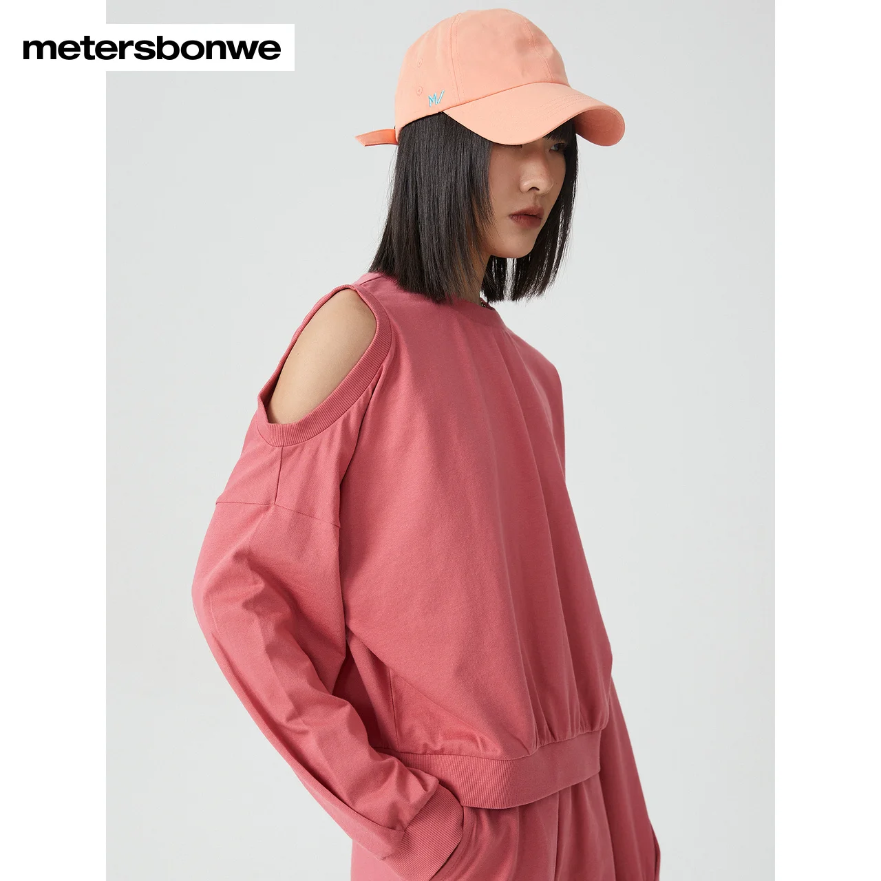 Metersbonwe-Camisola deslaxada feminina fora do ombro, pulôver monocromático de algodão, tops casuais de alta qualidade, primavera, outono