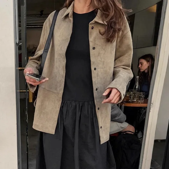 Giacca in pelle scamosciata da donna autunno kaki con lacci Colletto con bavero Camicia monopetto in vita stretta per cappotto femminile stile Instagram da donna