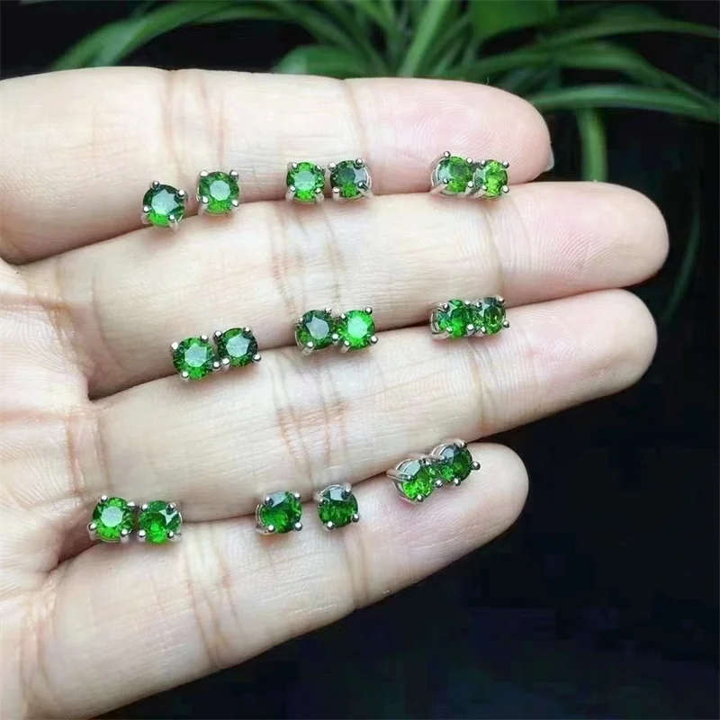 

S925 Natural Diopside Stud Earrings For Women Real Sterling Silver Vintage Femme Gift Prevent Allergy Fine Jewelry Stone