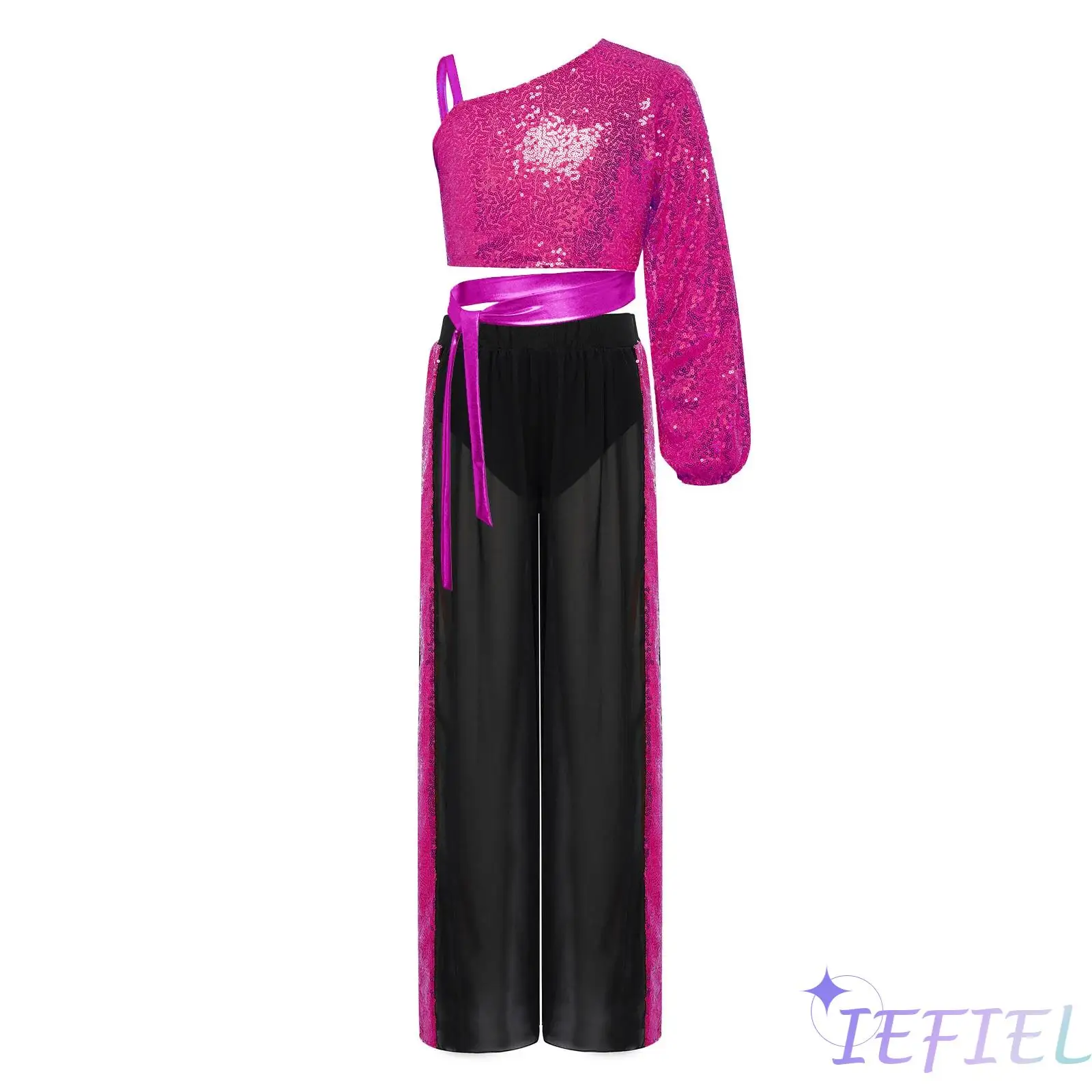 

Kids Girls Jazz Street Dance Costume One Shoulder Long Sleeve Zipper Self-Tie Shiny Sequins Crop Top with Chiffon Wide-Leg Pants