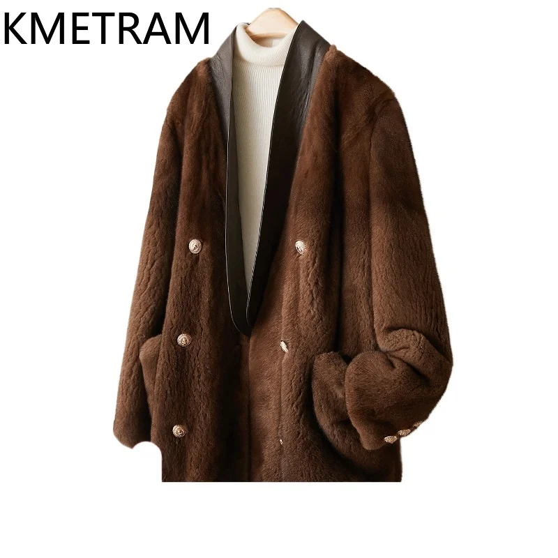 

KMETRAM Natural Mink Fur Coats for Woman Mid Length Coffee Fashion New Outerwears 2025 Winter Woman Clothing fourrures femmes