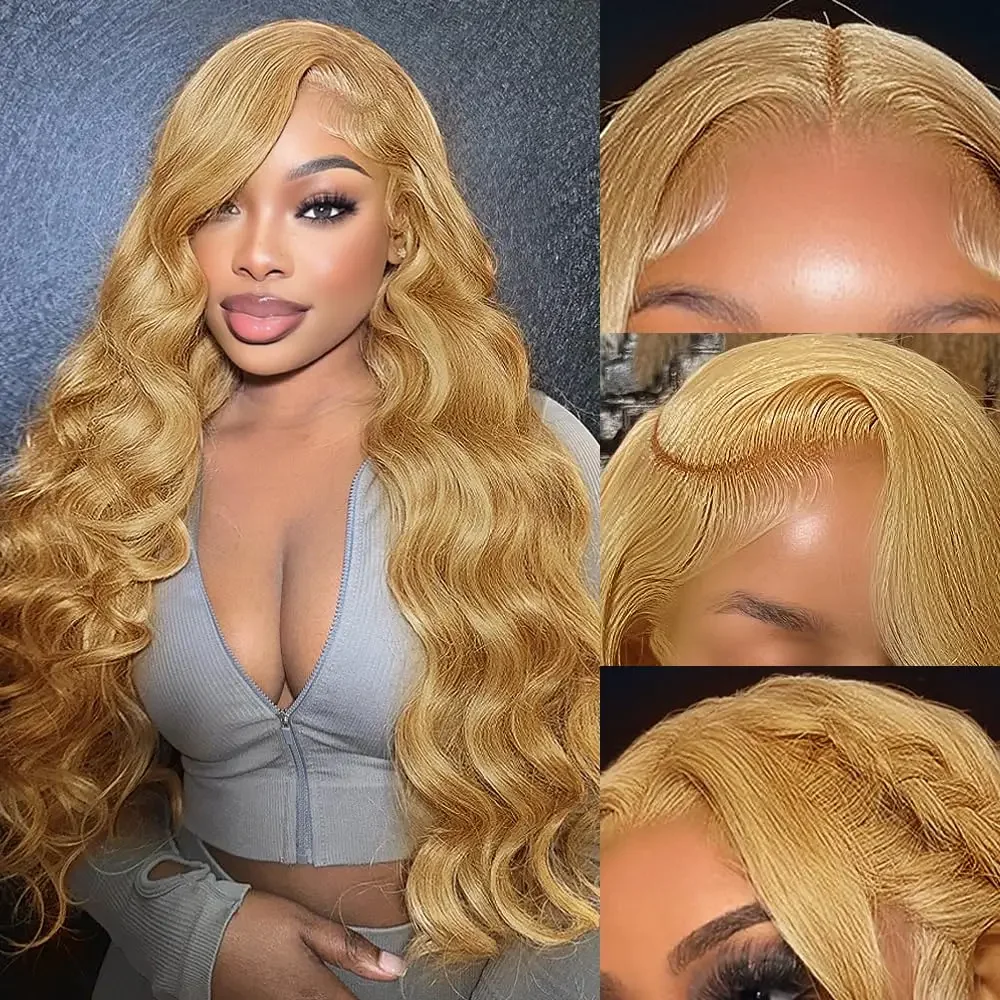 220 Density 30 34 Inch #27 Honey Blonde Body Wave Lace Front 100% Human Hair Wigs For Women 13x6 Hd Transparent Lace Frontal Wig