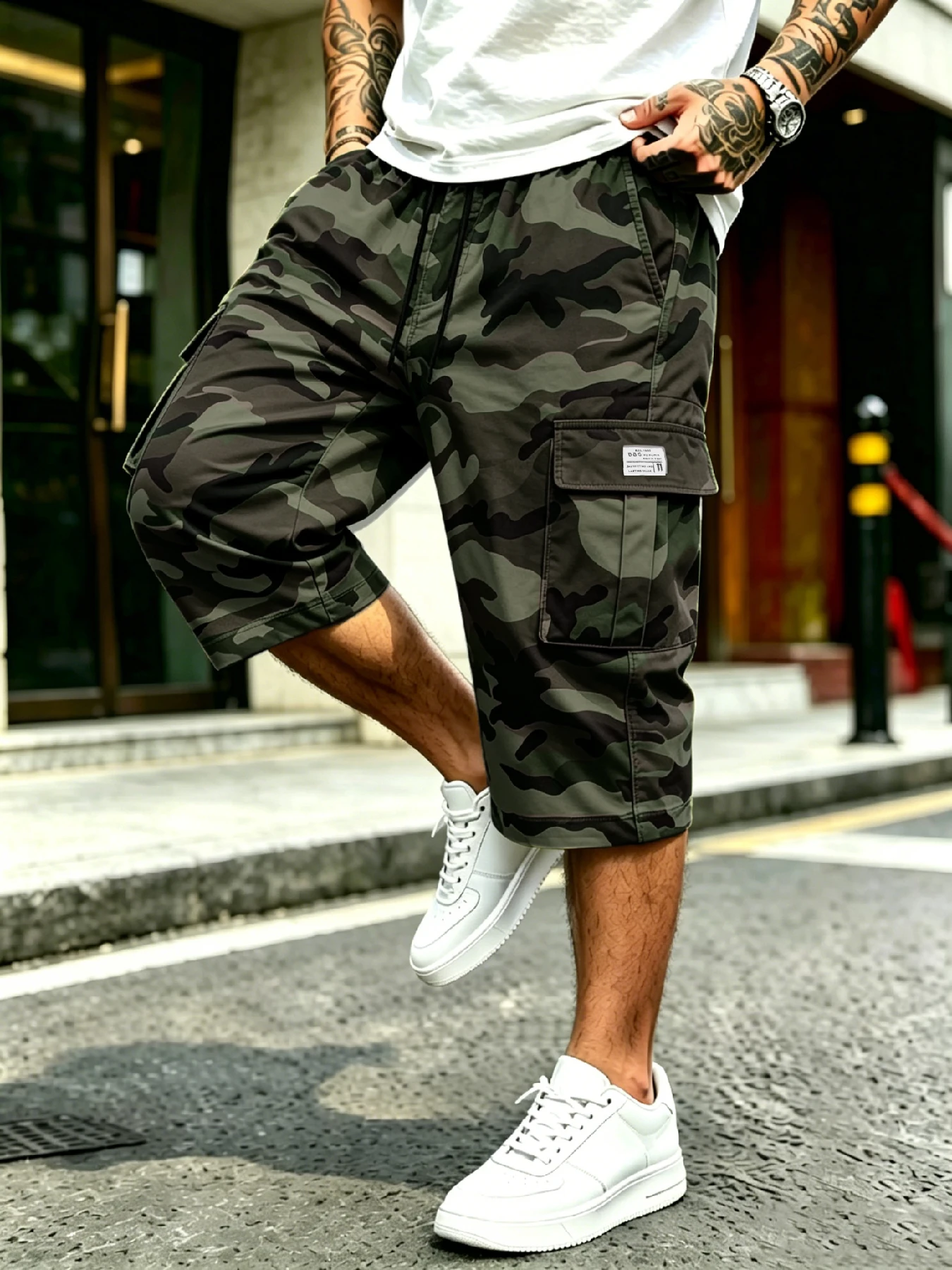 Amerikanische Streetwear-Cargo-Capri-Shorts für Herren, elastischer Kordelzug in der Taille mit mehreren 3D-Cargotaschen, lockere, gerade Passform für Al – Detail 9