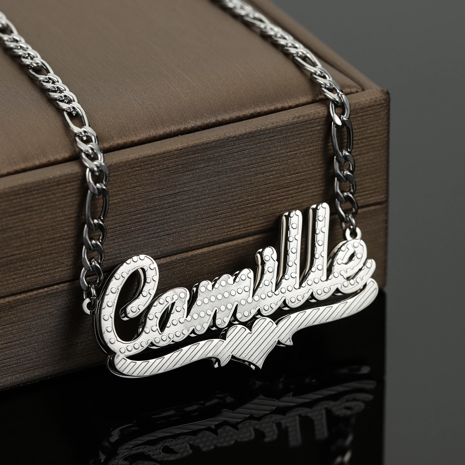 Customized Name Necklace Personalized With Figaro Chain Double Plated Stainless Steel Heart Nameplate Necklaces For Women Gifts