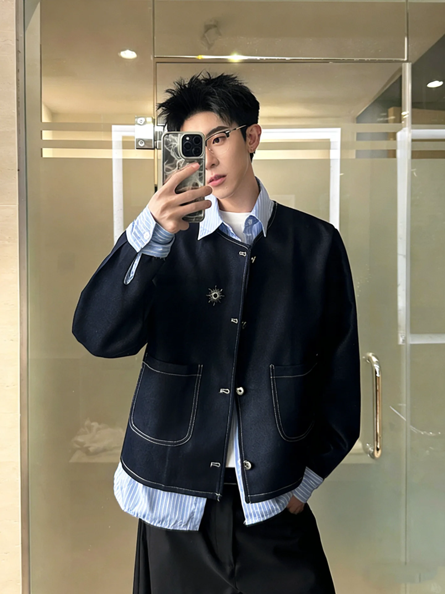 

Мужская куртка с подплечниками и воротником-стойкой, весенне-осенняя, в стиле Cleanfit, многослойный дизайн, из роскошного полиэстера, повседневная одежда, молодежная мода