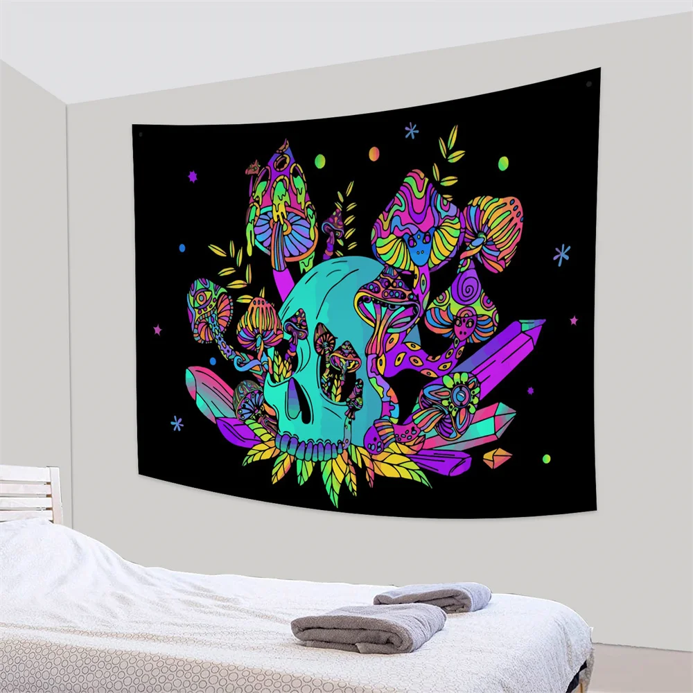 Psychedelic Skull Mushroom Tapestry Wall Hanging Gypsy Mandala Tapiz Witchcraft Aesthetic Room Decor Trippy Art Bedroom Decor