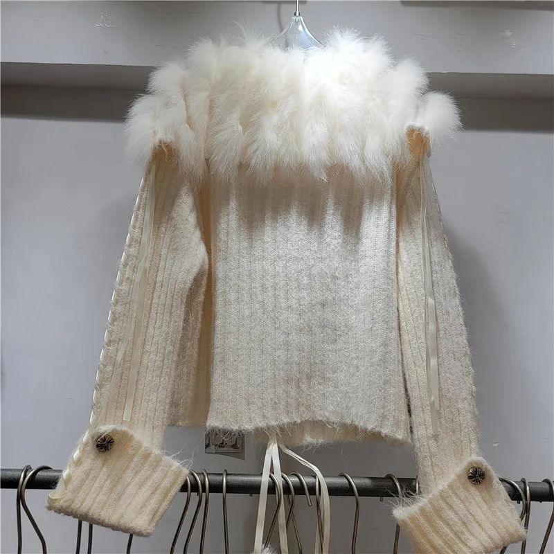 Industria pesante Diamante colorato Peluche Colletto blu scuro Cardigan corto Giacca monopetto lavorata a maglia moda casual Top Donna Autunno