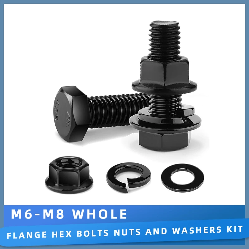 

M6 M8 Hex Flange Bolts and Nuts Set Alloy Steel 10.9 Grade Black Zinc Plated Full Thread Metric Screw Lock & Flat Washers Kit