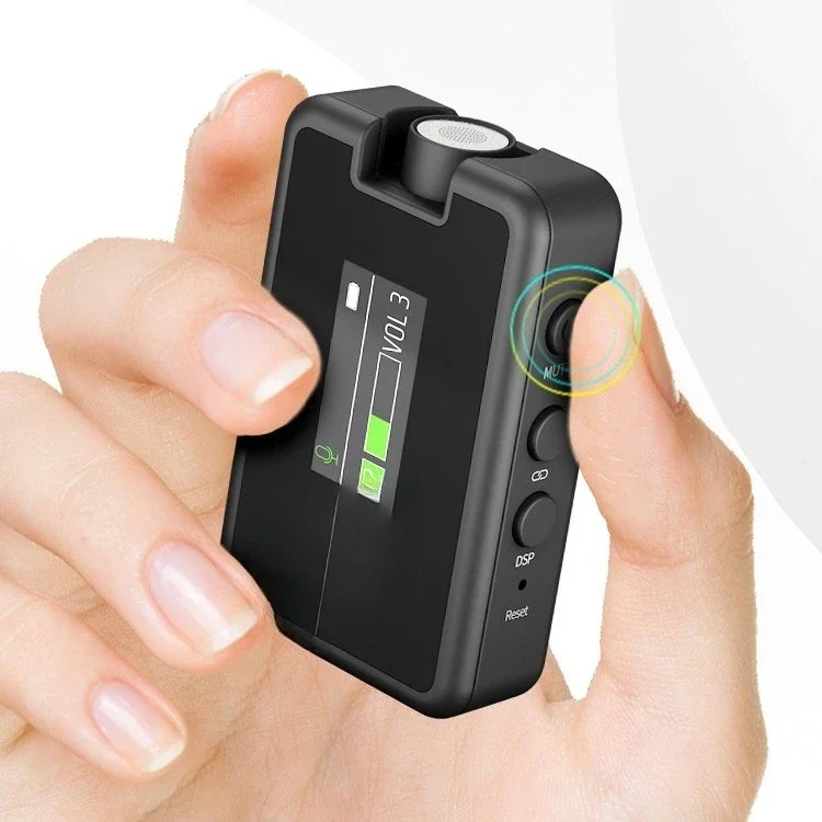 

Wireless microphone, clip-on collar live video, recording device, mobile phone camera, radio microphone.