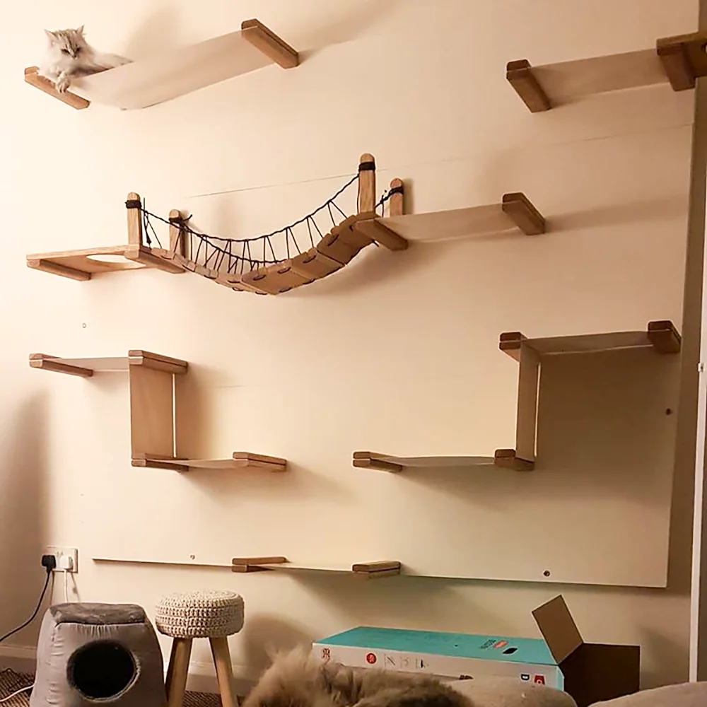 Wall Mounted Cat Climbing Shelves Cat Hammock with Stairway and Scratching Post Jumping Platform for Kittens Playing and Perch