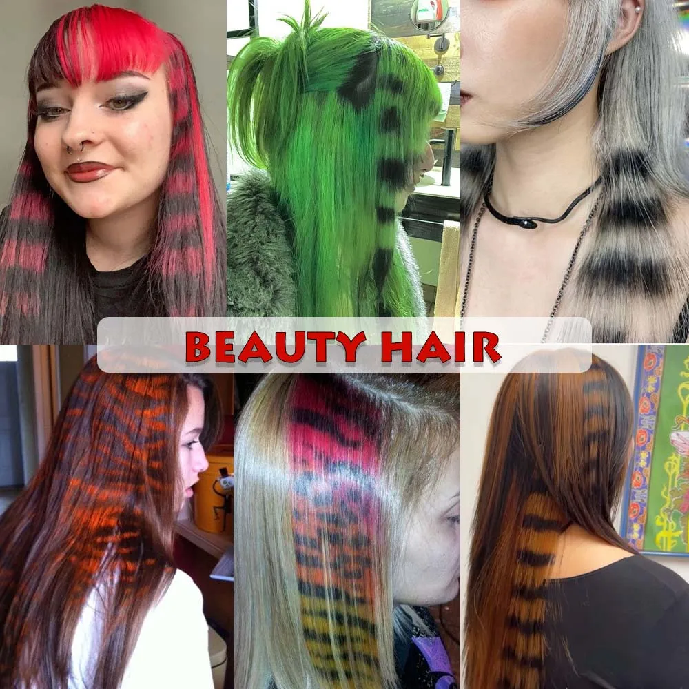 3 Stück/Set gestreifte, bedruckte, farbenfrohe, lange, glatte Haarteile, synthetische Clip-in-Haarverlängerungen für den täglichen Gebrauch, Party, Halloween – Detail 4