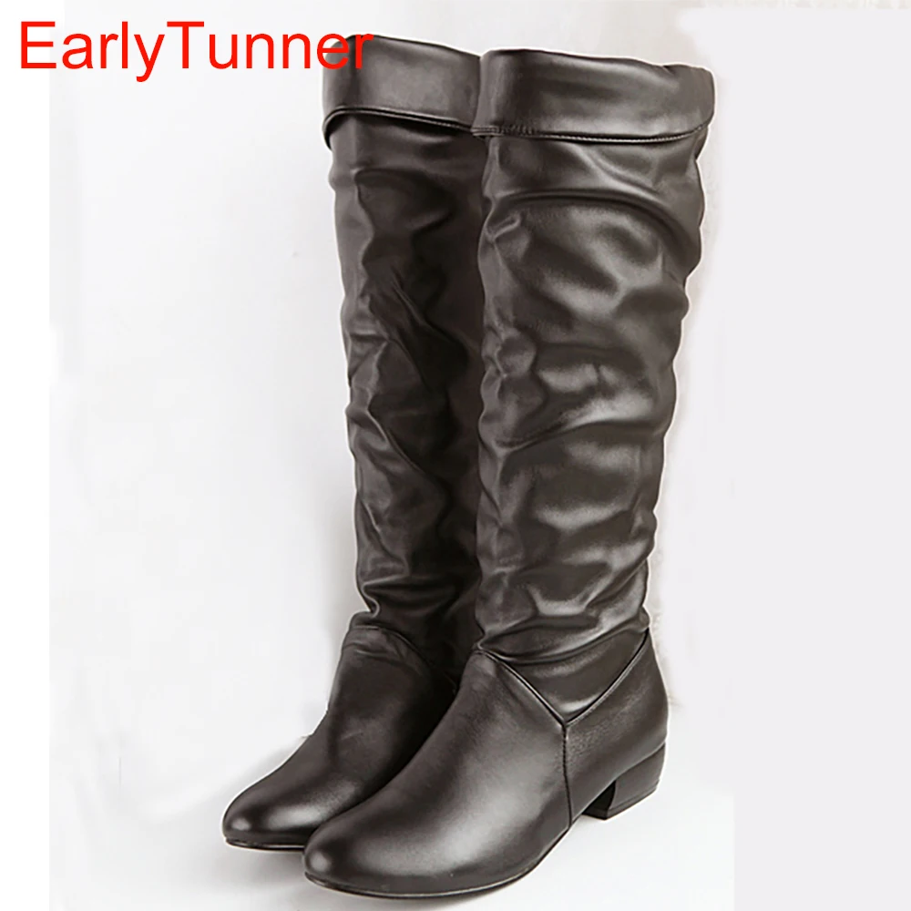 Brand New Winter  Black Brown White Women Platform Slouch Knee High Boots Lady Snow Boots AZ-7 Low Heels Plus Big Size 10 31 47