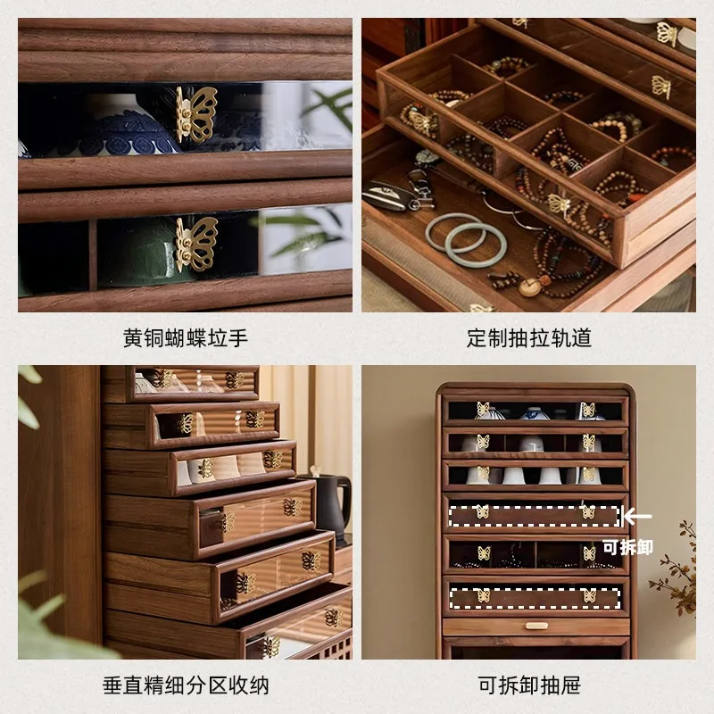 North American black walnut solid wood dental cabinet teacup tea set storage modern light luxury floor-to-ceiling cabinet view 3