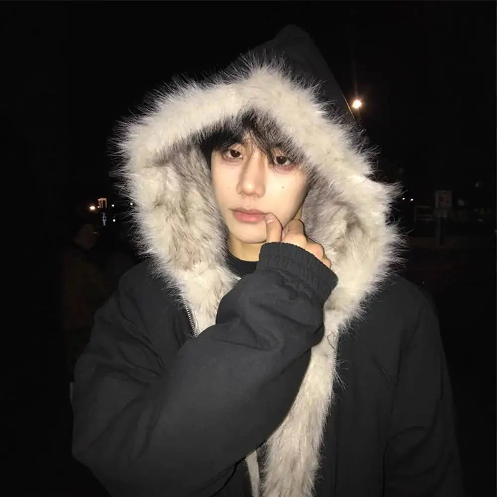 

Men Parkas Fur Collar Fleece-lined Coat 2025 Winter Thickened Cotton Jacket Large Fur Collar Hooded Warm Short Padded Outerwear