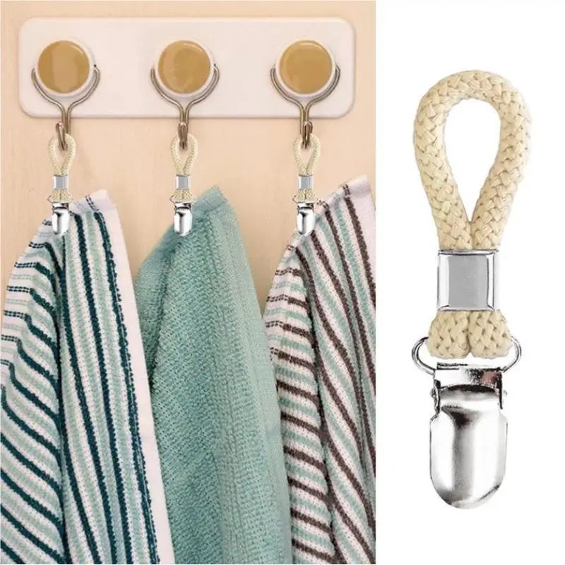 4Pcs Towel Hanging Clips Clamps Braided Multipurpose Cotton Loop Metal Hook Kitchen Bathroom Storage Clips Socks Clothes Hanger