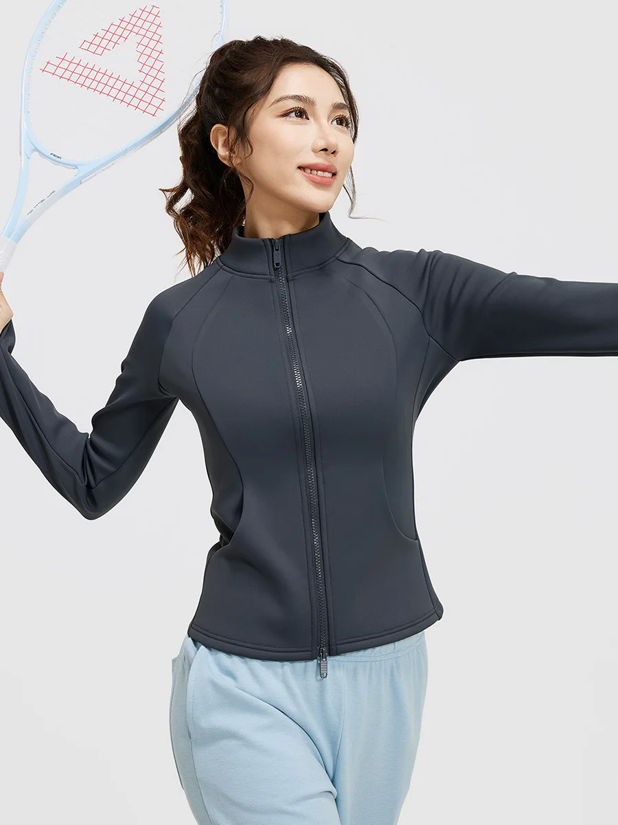 Peach fleece stand up collar pocket jacket for autumn and winter, with thickened fleece and warm stand up collar yoga suit