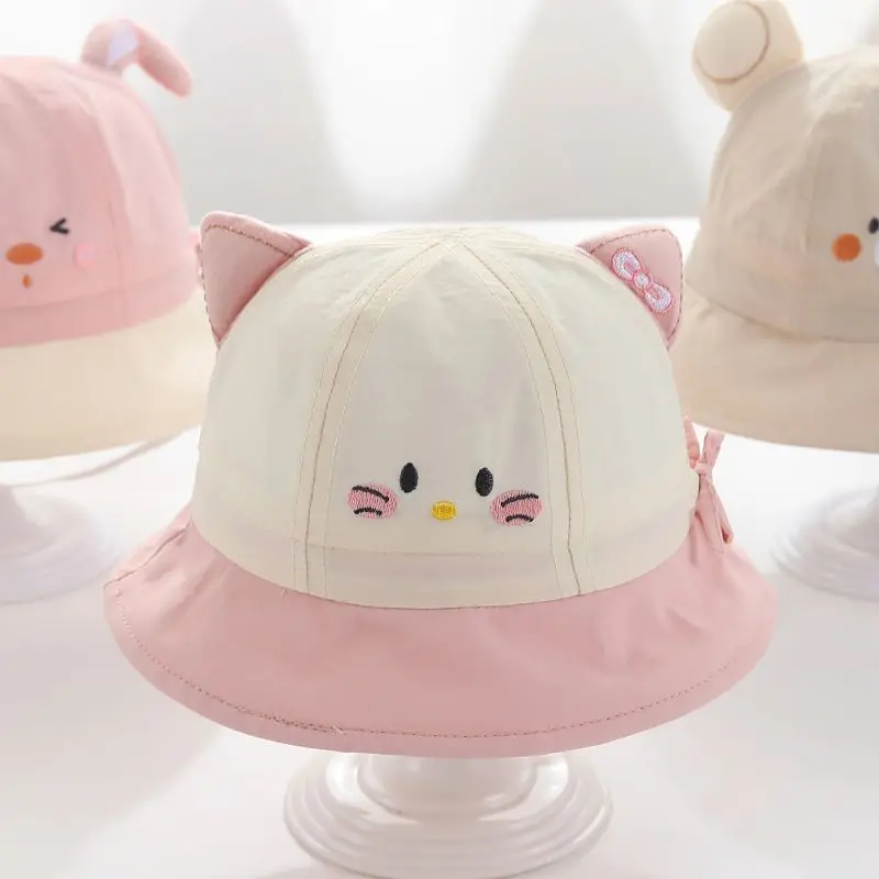 

5 Colors Spring Cute Cartoon Baby Hat Outdoor Sunshade Caps Infant Breathable Cotton Bucket Hats Pink Cat Fisherman Hat 0-8M