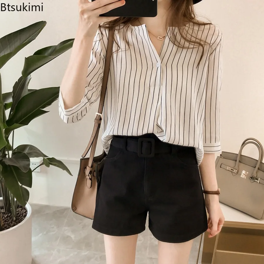 Mulheres elegantes camisas listradas verão estilo coreano solto casual o-pescoço botão topos moda escritório senhoras viajando blusas elegantes