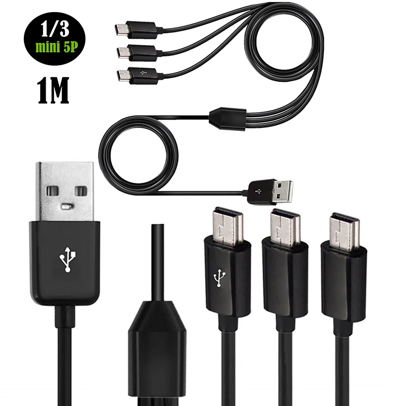 USB A Macho para USB Mini Cabo Carregador, Carregamento Rápido, Y Splitter, 5Pin, 1m, 1m, 1Pc, 1Pc
