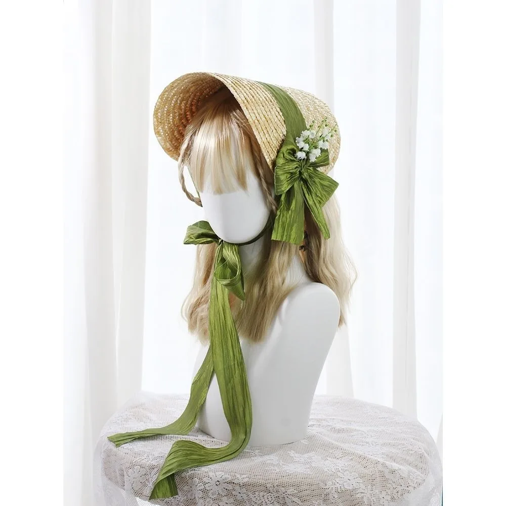 French Rural style Lolita Straw Hat Ruffle Lace Ribbon Bow Beach Hat With Strap Ribbon Flower Hair Accessories Girl Sun Hat