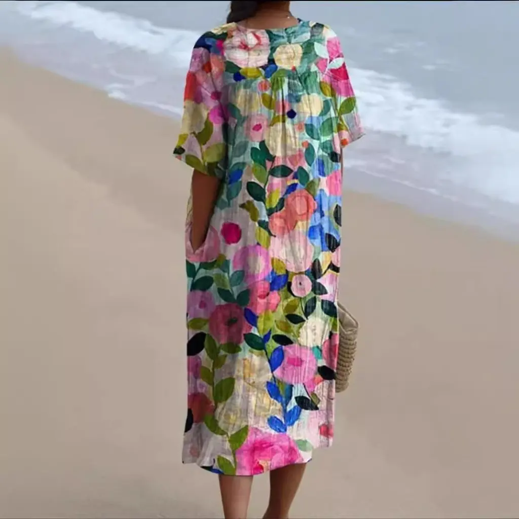 فستان نسائي طويل مريح فضفاض مطبوع على الطراز الأوروبي والأمريكي الجديد