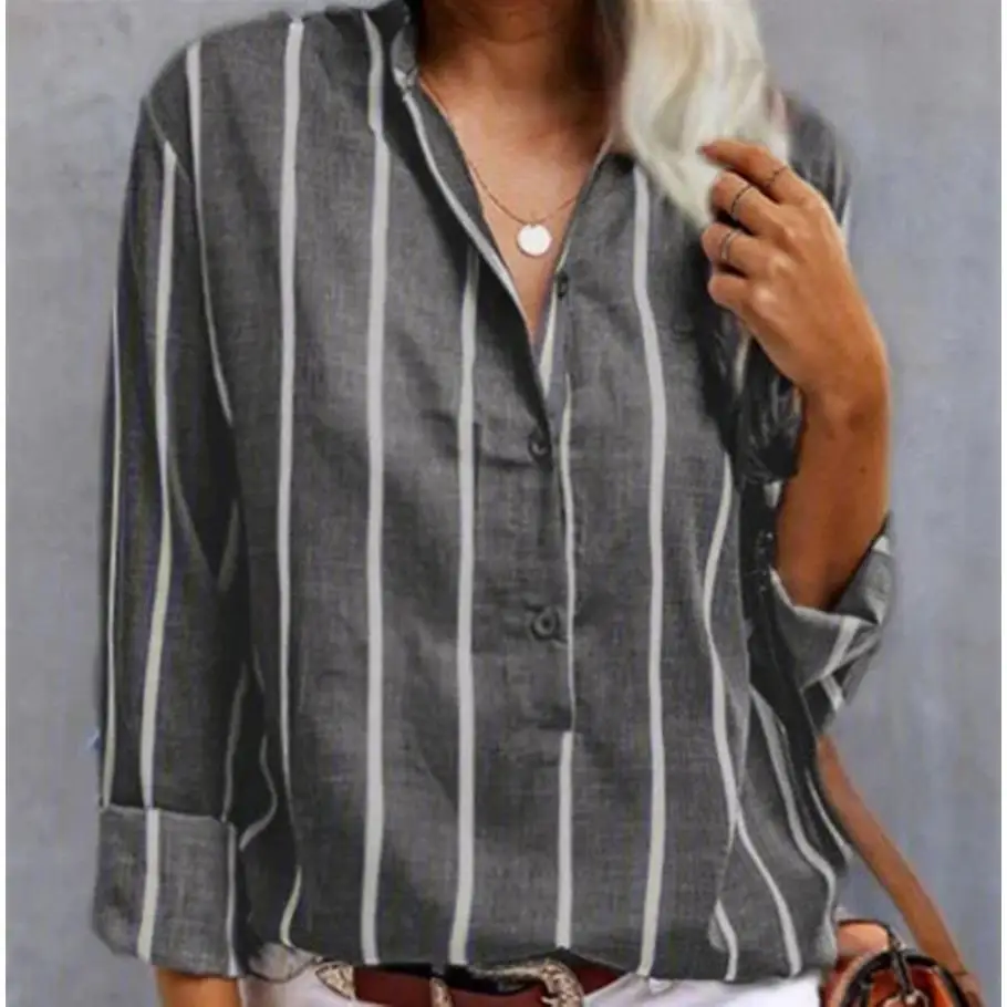 Women's Striped irt f Open Collar Long Sve Straight Cut Polyester Fiber Resistant to Deformation Summer Faion Ladie...