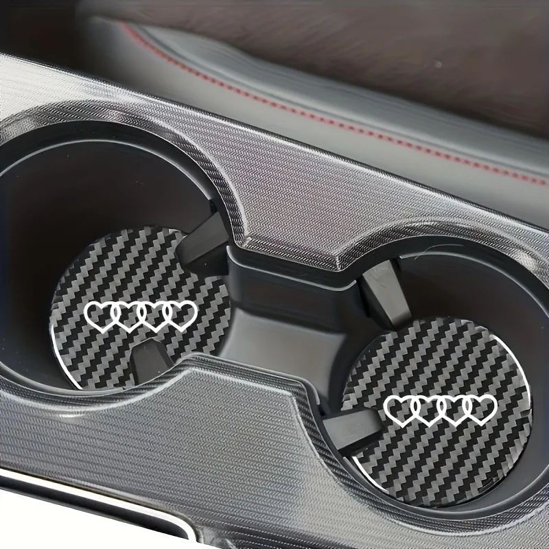 Two piece set of water cup holder for car center console, circular carbon fiber textured water cup pad, LOVE style