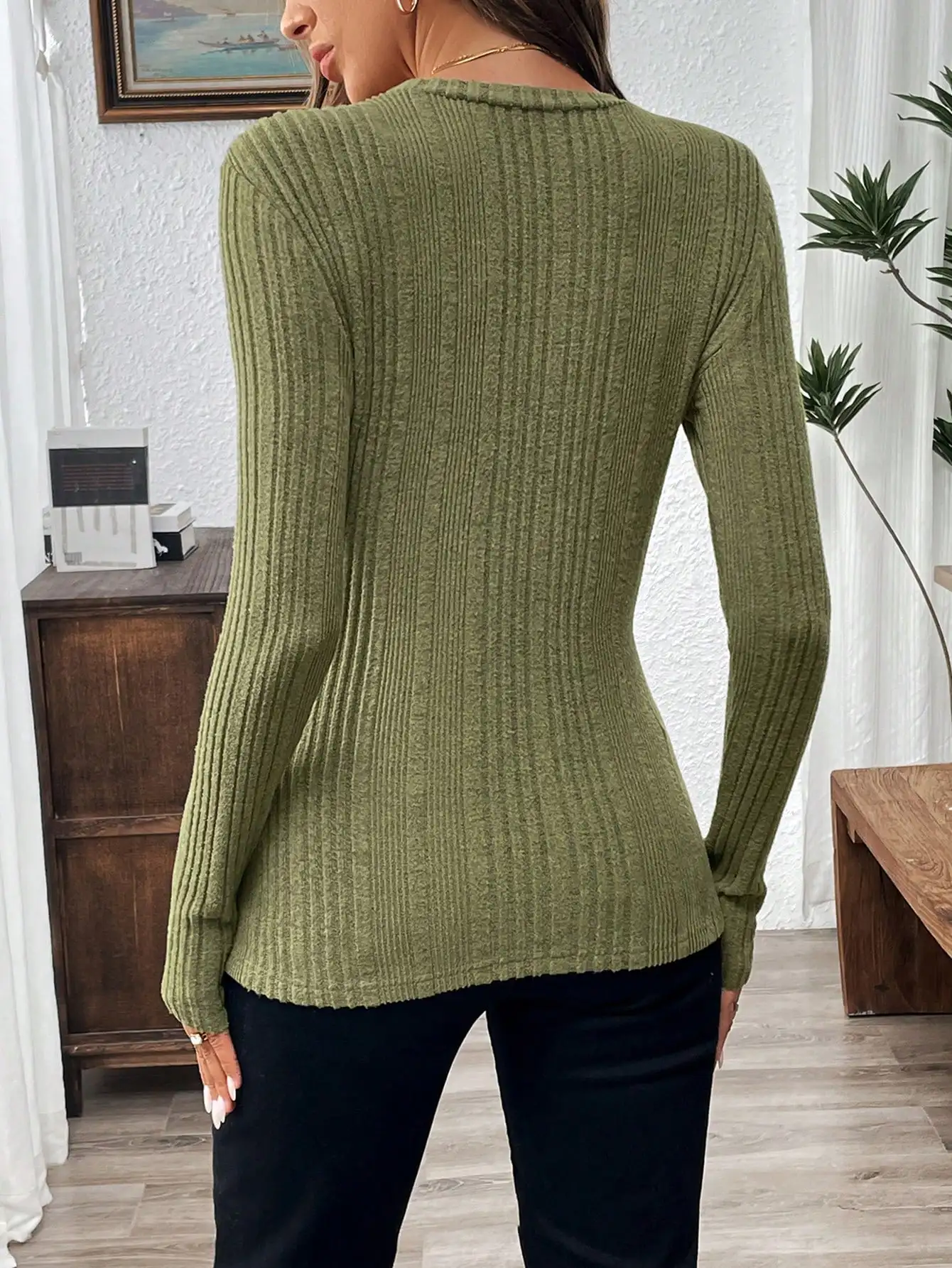 Green Ribbed Lady\'s Casual Daily Wear Long Sleeve Basic Top T-Shirt