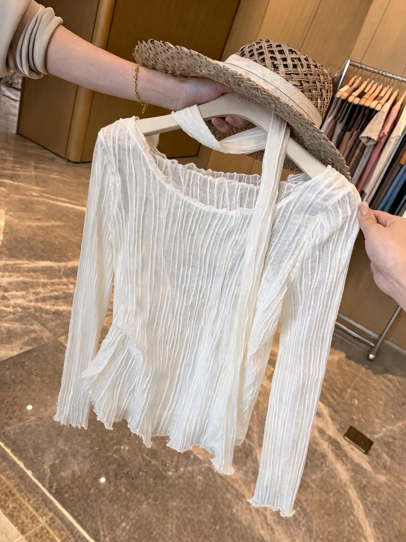 Early Autumn New Style Women's Long Sleeve Mesh Neck Hanging Sash One Shoulder Top Guangzhou Thirteenth Factory Commute Style