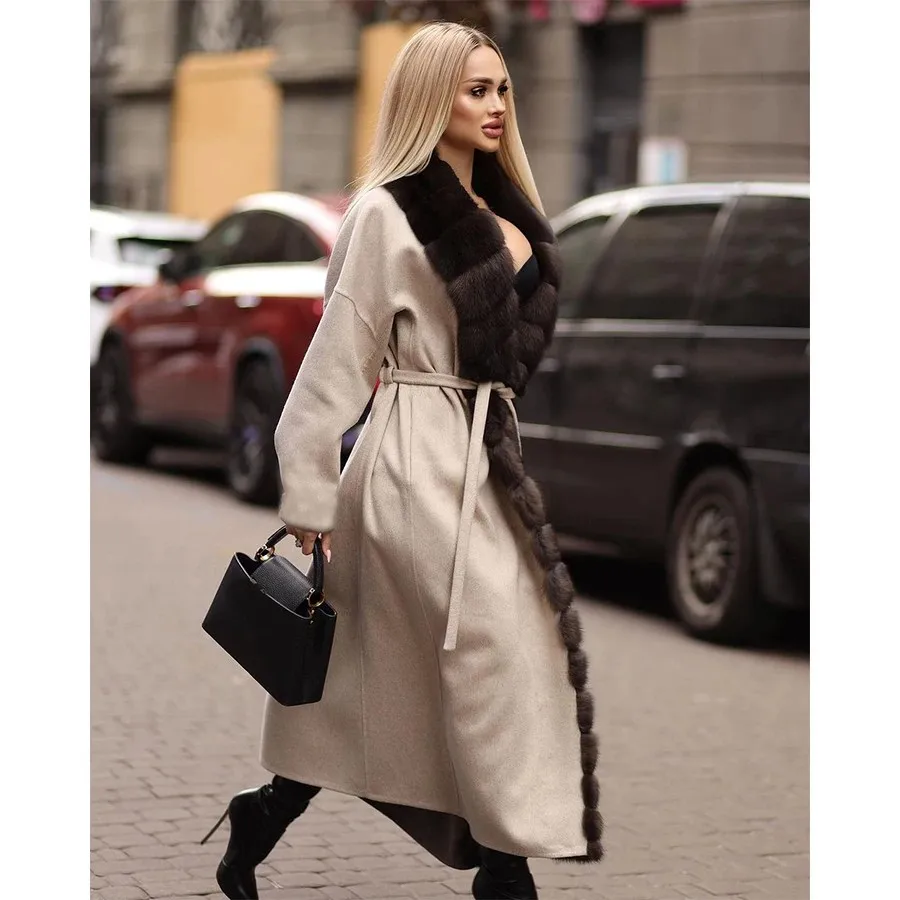 New Cashmere Coat Women Wool Blends Long Jacket With Fur Trim Real Fox Fur Women's Winter Jacket Best Selling New Style