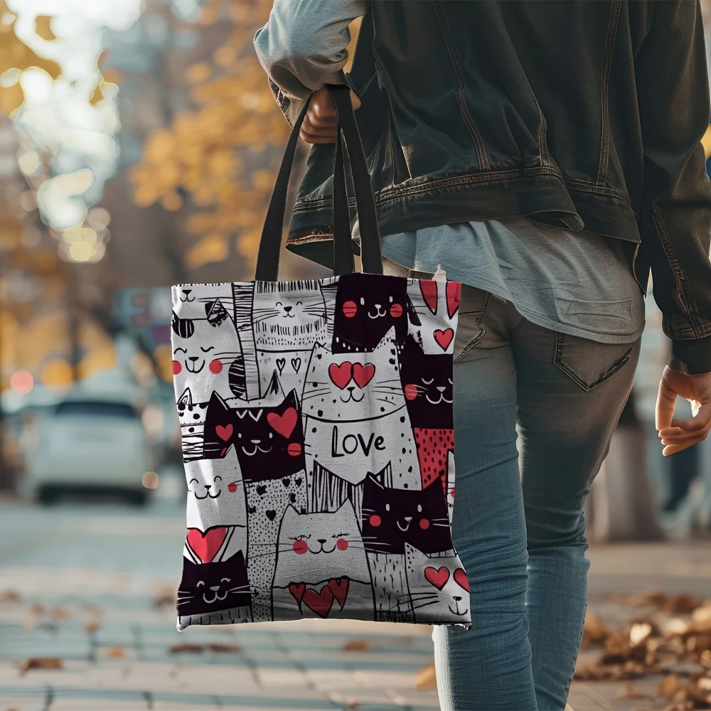 1pc, Cute Cartoon Cat Print Tote Bag, Large Capacity Shoulder Bag, Perfect Underarm Bag for Shopping, A Tote Bag