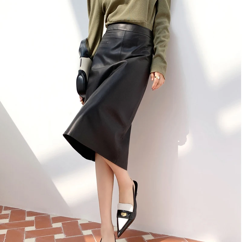 New Genuine Leather Skirt For Women High Sense Vintage A-line 70 cm Jupe Longue Femme Simple Maxi Apricot  Floor-Length