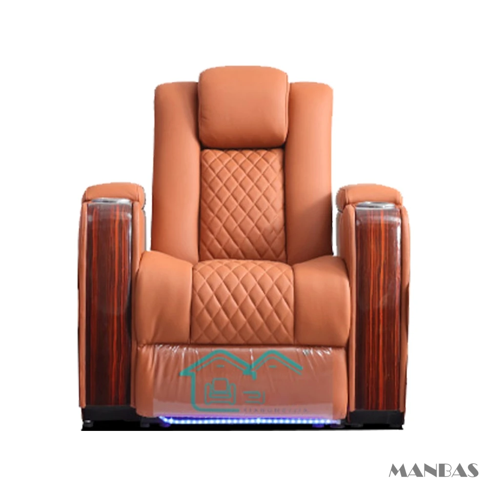 مقاعد مسرح منزلي فاخرة بمحركات مزدوجة - كراسي استرخاء من الجلد الطبيعي قابلة للتعديل مع حامل أكواب وتدليك