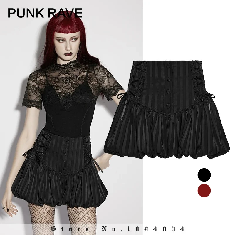 PUNK RAVE Women's Gothic Striped Woven 3d Fluffy A-line Pumpkin Sweet Shorts Layered Design Fashionable Black Short Pants