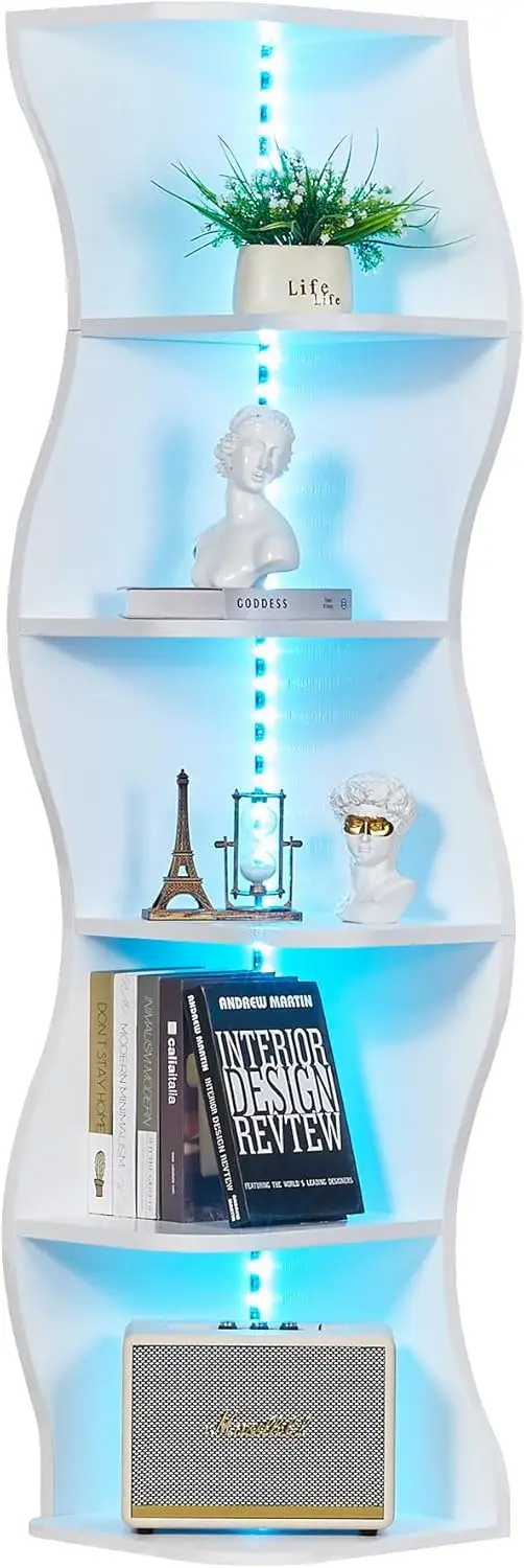 6-Tier Wave Corner Bookcase with LED Lights, 90° Right-Angle Tall Narrow Bookshelf, Wooden Corner Display Stand Storage