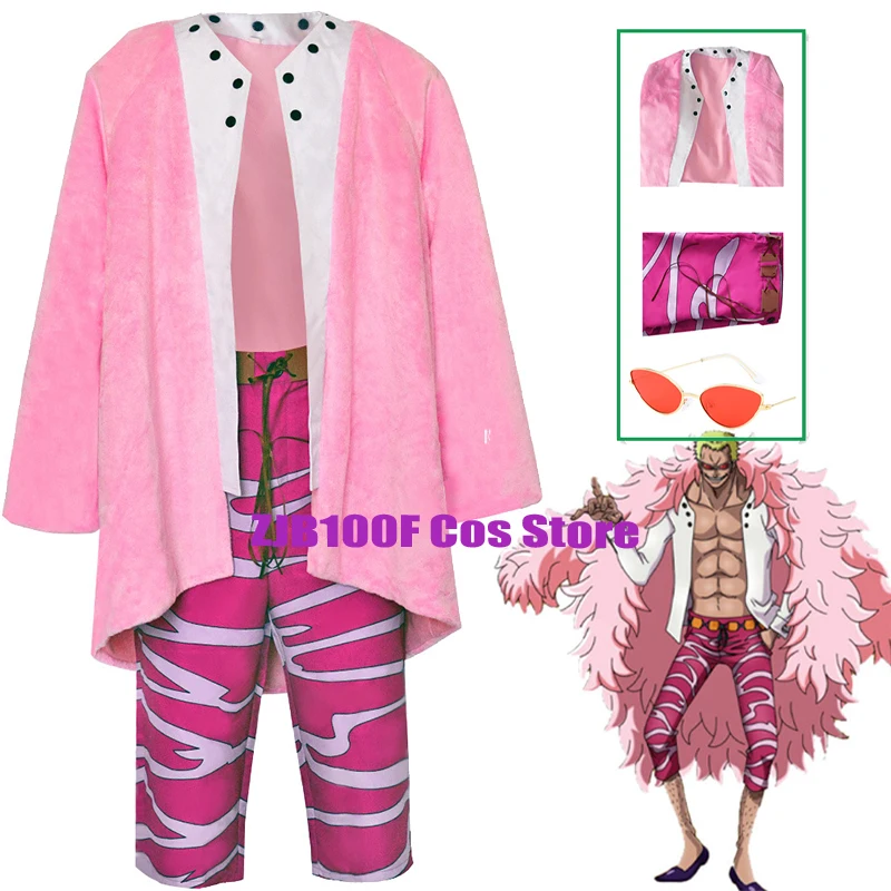 

Doflamingo Cosplay Anime Costume Men Donquixote Pink Jacket Pants Glasses Outfit Set Halloween Carnival Party Role Play clothing