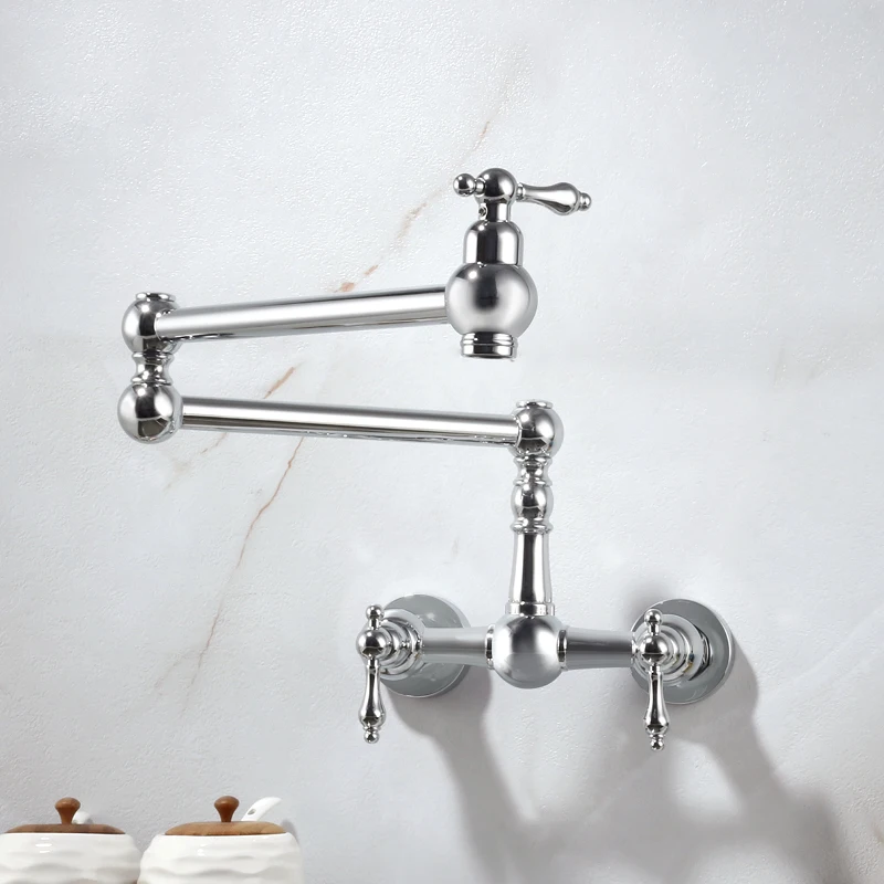 Wall Mounted Dual Hole Kitchen Folding Sink Faucet Rotatable Stove Pot Filler Faucets Two Handle Hot and Cold Mixer Tap Chrome