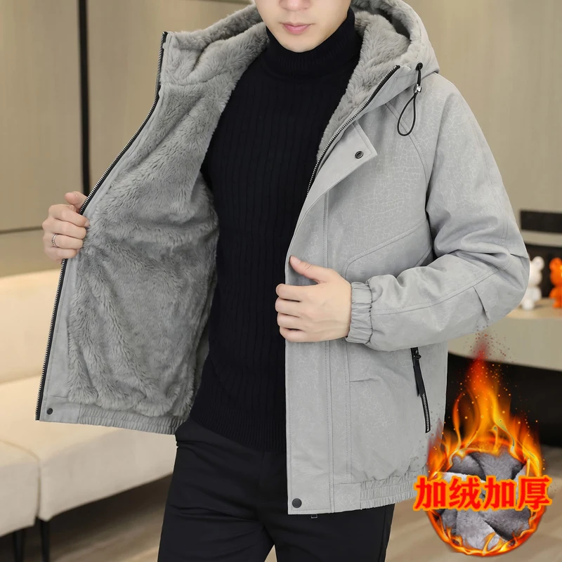 New Autumn/Winter Fashion Solid Color Fleece-Lined Thickened Warm Hooded Jacket Men's Casual Loose American Style Plus Size Coat