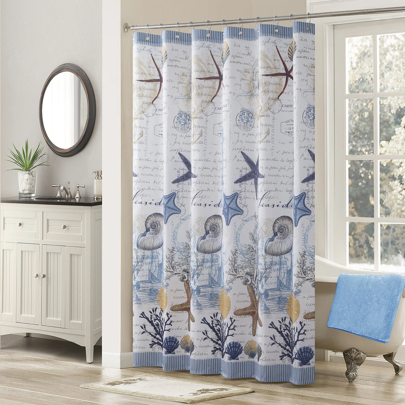 

Under The Sea Blue Polyester Fabric Ocean Starfish Printed Navy Stripes Waterproof Fresh Seashell Shower Curtain