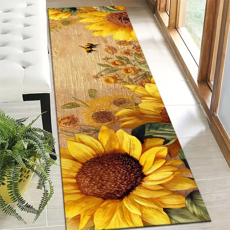Sunflower Bee Print Runner Rug Vintage Wood Grain Long Hallway Carpet for Corridor Bedroom Bedside Home Decor