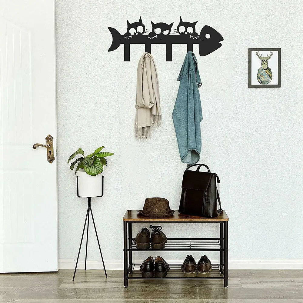 A76I-Black Metal Keychain Hanger, Cat Wall Hook Decor Metal Hanger For Front Door,Foyer Bedroom,Kitchen With 4 Hooks