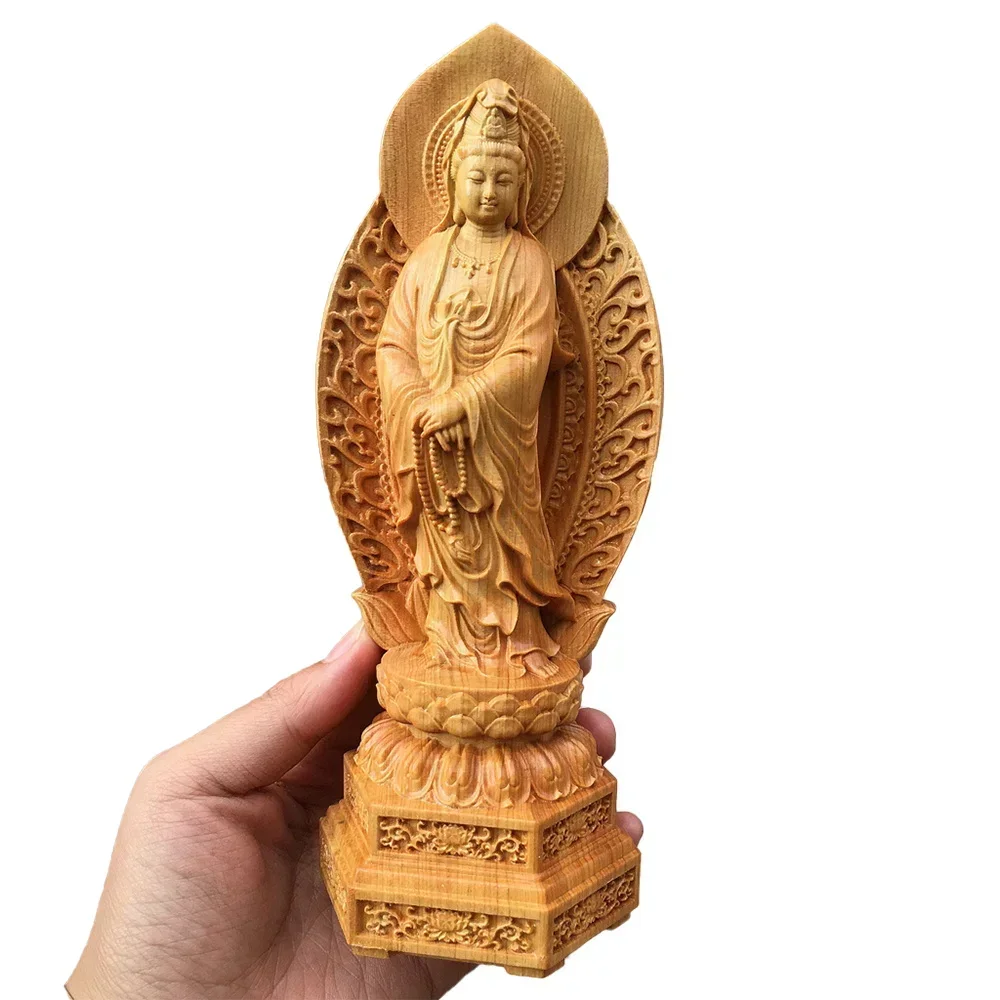 Solid wood lotus Guanyin Buddha statue Thuja wood traditional handmade statue Home living room feng shui ornaments 20cm The New