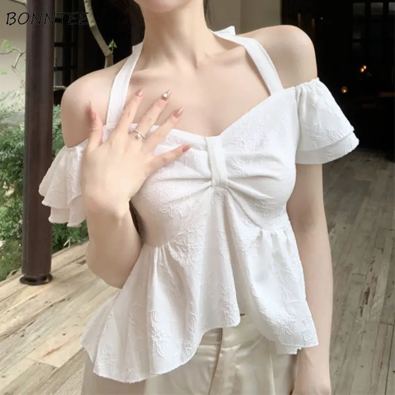 Halter Blouses Women Ruffles Elegant Summer Aesthetic Clothing Tender Vacation Solid Fashion Mujer Casual Minority Maiden Daily