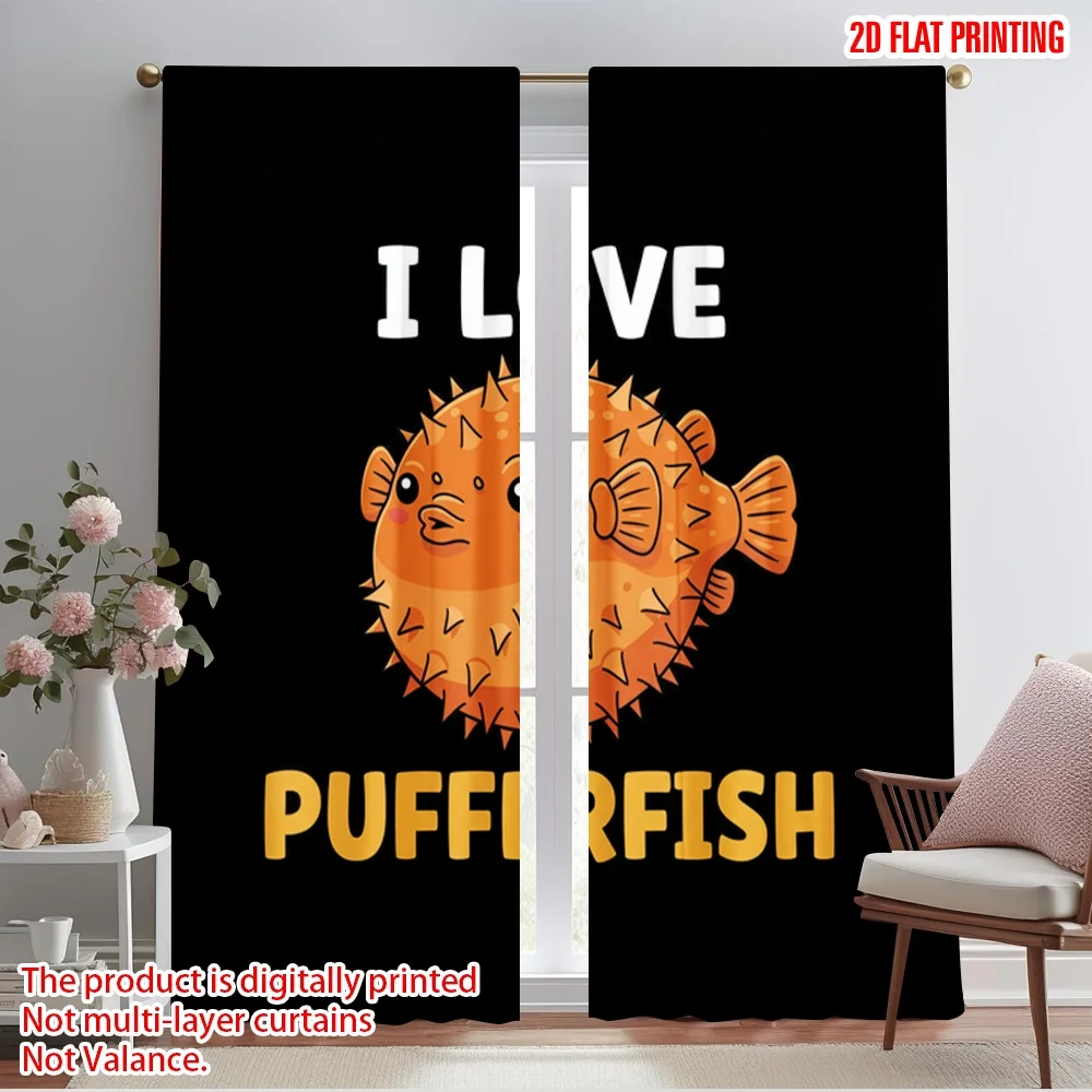 

2pcs 2D flat printing Drapes I Love Pufferfish Cute Polyester Without Electricity 0 Perfect for Holiday Parties Home Decor
