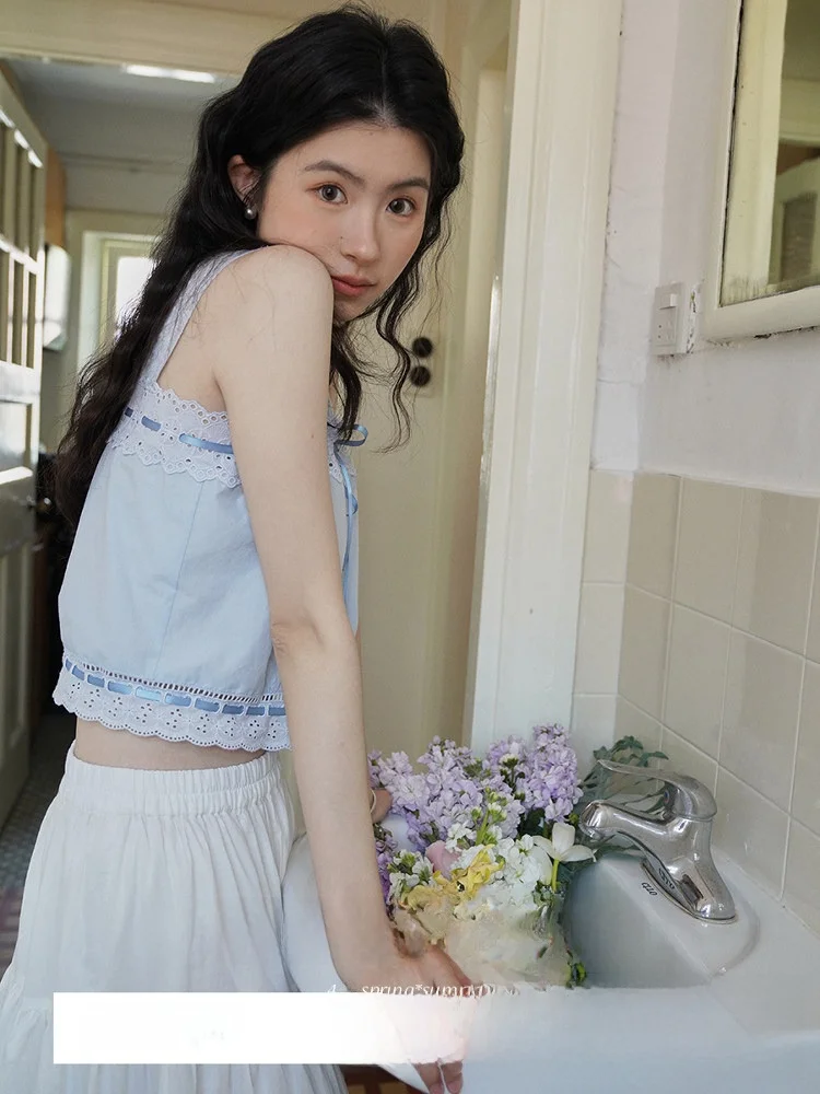 

Heavy Embroidery Lace Patchwork Women's Cotton Blend Vest Top oulder Strap Clothing Summer Commute Sle Regular Length