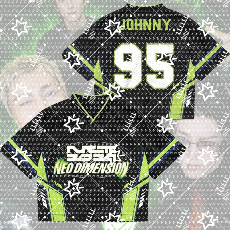 Women K-Pop Cropped Football Jersey Black Neon Green Blue Geometric V-Neck Short Sleeve Crop Top Number 07 Concert Fan Top